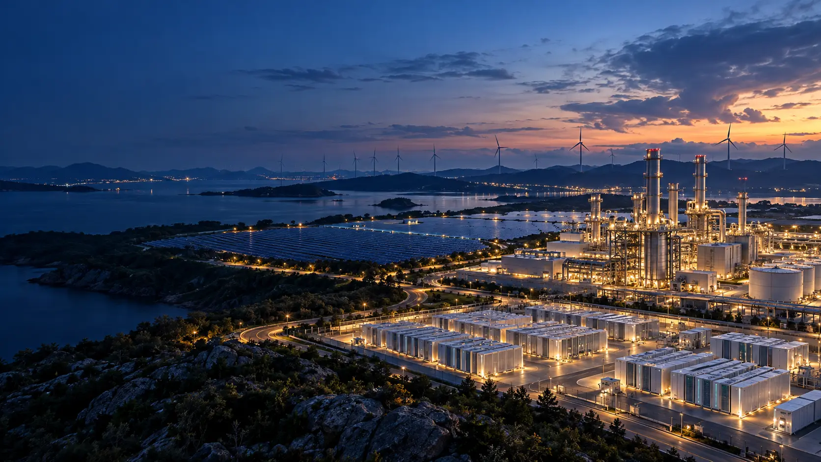Ilustración de un campus energético integrado con generación, renovables y almacenamiento